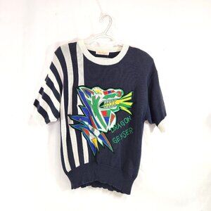 Alpo Geyser Short Sleeve Knit Sweater Navy White Stripe Dragon Geyser EX